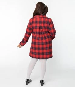 New Arrivals! Unique Vintage Plus Size Red & Navy Plaid Peacoat