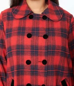 New Arrivals! Unique Vintage Plus Size Red & Navy Plaid Peacoat