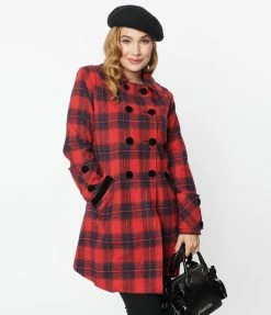 Unique Vintage Red & Navy Plaid Peacoat New Arrivals!