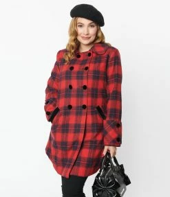 Unique Vintage Red & Navy Plaid Peacoat New Arrivals!