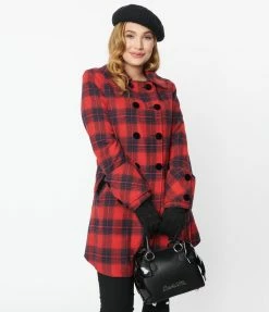Unique Vintage Red & Navy Plaid Peacoat New Arrivals!