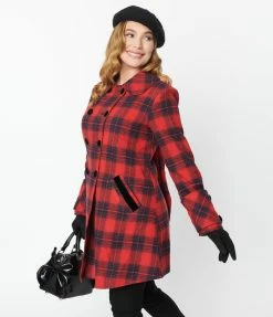 Unique Vintage Red & Navy Plaid Peacoat New Arrivals!