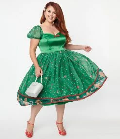 Clothing Unique Vintage Plus Size Green Gingerbread Sprinkles Swing Dress