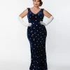 Unique Vintage Plus Size Navy Velvet & Cream Florals Goldwyn Gown New Arrivals!