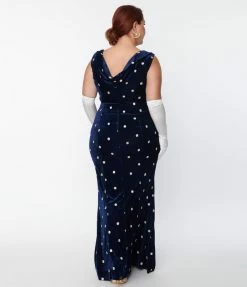 Unique Vintage Plus Size Navy Velvet & Cream Florals Goldwyn Gown New Arrivals!