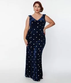 Unique Vintage Plus Size Navy Velvet & Cream Florals Goldwyn Gown New Arrivals!