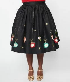 Unique Vintage Plus Size Black & Glitter Ornament Gellar Swing Skirt Clothing
