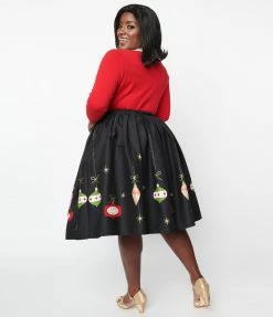 Unique Vintage Plus Size Black & Glitter Ornament Gellar Swing Skirt Clothing