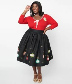 Unique Vintage Plus Size Black & Glitter Ornament Gellar Swing Skirt Clothing