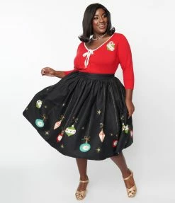 Unique Vintage Plus Size Black & Glitter Ornament Gellar Swing Skirt Clothing