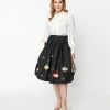 Unique Vintage Black & Glitter Ornament Gellar Swing Skirt