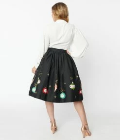 Unique Vintage Black & Glitter Ornament Gellar Swing Skirt