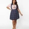 New Arrivals! Unique Vintage Plus Size Navy Plaid Pleated Suspender Mini Skirt