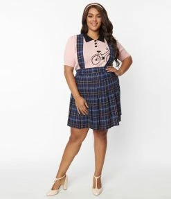 New Arrivals! Unique Vintage Plus Size Navy Plaid Pleated Suspender Mini Skirt