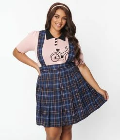 New Arrivals! Unique Vintage Plus Size Navy Plaid Pleated Suspender Mini Skirt