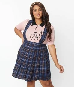 New Arrivals! Unique Vintage Plus Size Navy Plaid Pleated Suspender Mini Skirt