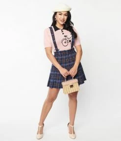 Unique Vintage Navy Plaid Pleated Suspender Mini Skirt