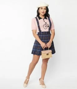 Unique Vintage Navy Plaid Pleated Suspender Mini Skirt