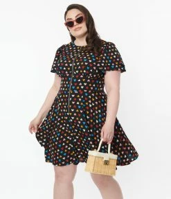 New Arrivals! Unique Vintage Plus Size Black & Multicolor Heart Fit & Flare Dress