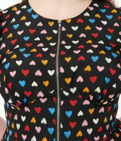 New Arrivals! Unique Vintage Plus Size Black & Multicolor Heart Fit & Flare Dress