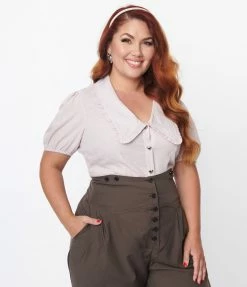 Unique Vintage Plus Size Dusty Rose Gingham & Heart Print Blouse Clothing