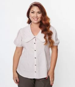 Unique Vintage Plus Size Dusty Rose Gingham & Heart Print Blouse Clothing