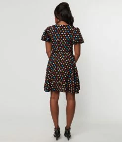 New Arrivals! Unique Vintage Black & Multicolor Heart Fit & Flare Dress