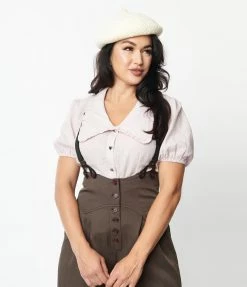 Unique Vintage Dusty Rose Gingham & Heart Print Blouse