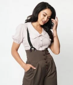 Unique Vintage Dusty Rose Gingham & Heart Print Blouse