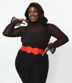 Unique Vintage Plus Size Black & Red Heart Dot Sheer Donna Blouse