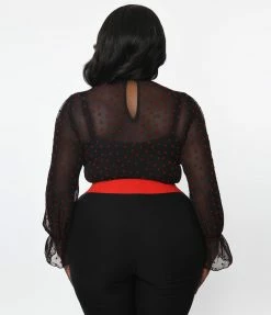 Unique Vintage Plus Size Black & Red Heart Dot Sheer Donna Blouse