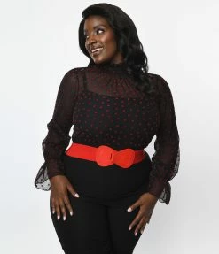 Unique Vintage Plus Size Black & Red Heart Dot Sheer Donna Blouse