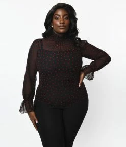 Unique Vintage Plus Size Black & Red Heart Dot Sheer Donna Blouse