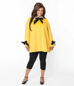 Smak Parlour Plus Size Mustard & Black Bows Topper Coat New Arrivals!