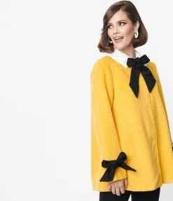 Smak Parlour Mustard & Black Bows Topper Coat Clothing