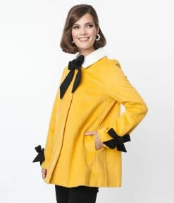 Smak Parlour Mustard & Black Bows Topper Coat Clothing