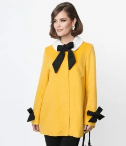 Smak Parlour Mustard & Black Bows Topper Coat Clothing
