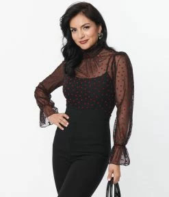 Unique Vintage Black & Red Heart Dot Sheer Donna Blouse New Arrivals!