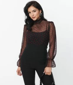 Unique Vintage Black & Red Heart Dot Sheer Donna Blouse New Arrivals!