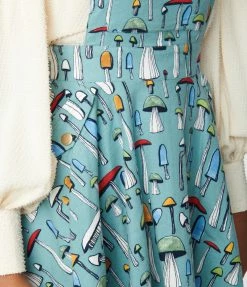 Unique Vintage Sage Green & Mushroom Print Brionne Pinafore Skirt New Arrivals!