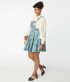 Unique Vintage Sage Green & Mushroom Print Brionne Pinafore Skirt New Arrivals!