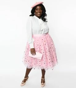 New Arrivals! Unique Vintage Plus Size Pink & Foil Hearts Sweetie Pie Swing Skirt