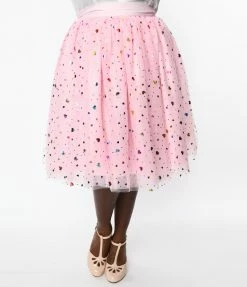 New Arrivals! Unique Vintage Plus Size Pink & Foil Hearts Sweetie Pie Swing Skirt