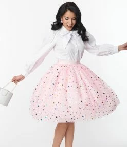 Unique Vintage Pink & Foil Hearts Sweetie Pie Swing Skirt