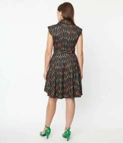 Unique Vintage Black & Rainbow Dots Fit & Flare Dress New Arrivals!