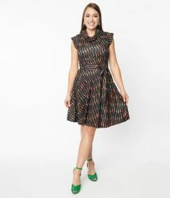 Unique Vintage Black & Rainbow Dots Fit & Flare Dress New Arrivals!