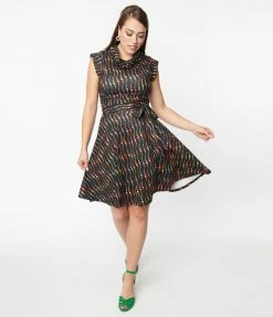 Unique Vintage Black & Rainbow Dots Fit & Flare Dress New Arrivals!