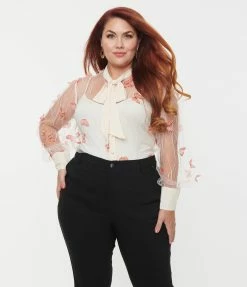 Unique Vintage Plus Size Ivory & Butterfly Mesh Gwen Blouse