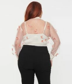 Unique Vintage Plus Size Ivory & Butterfly Mesh Gwen Blouse