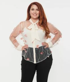 Unique Vintage Plus Size Ivory & Butterfly Mesh Gwen Blouse